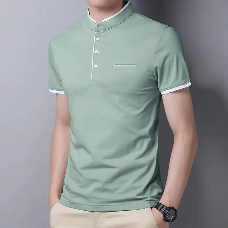 Men's light green stand-up collar short-sleeve polo shirt with white trim by Simples Market