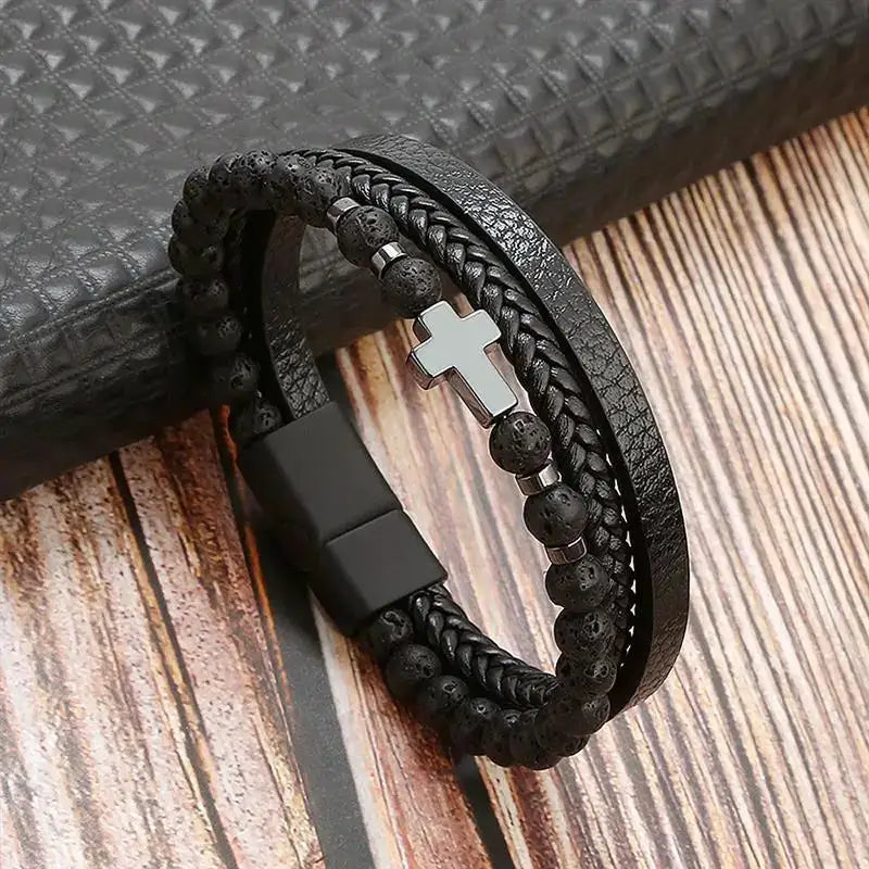 Classic Mens Leather Bracelet Hand Woven Multi Layer Style Fashion Jewelry For Men Durable Casual Accessory