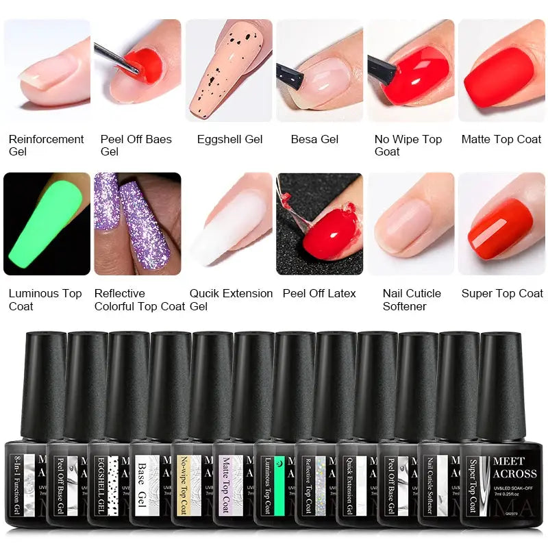Meet Across 12-piece gel nail polish set by Simples Market; pink glitter and blue macaron shades.
