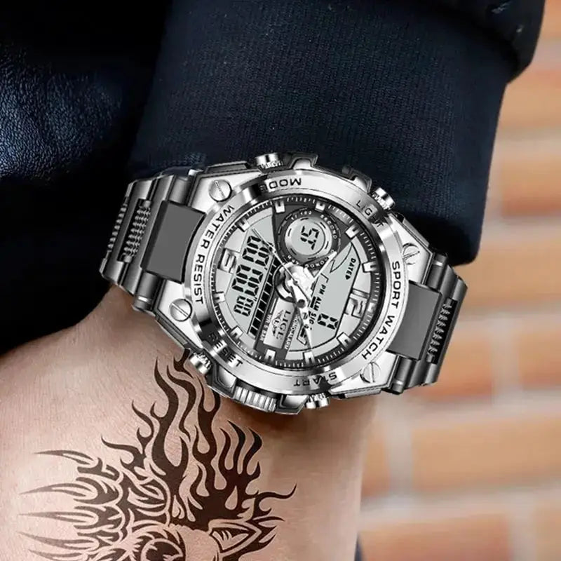 LIGE men's silver stainless steel sport watch with digital and analog display, 50m waterproof