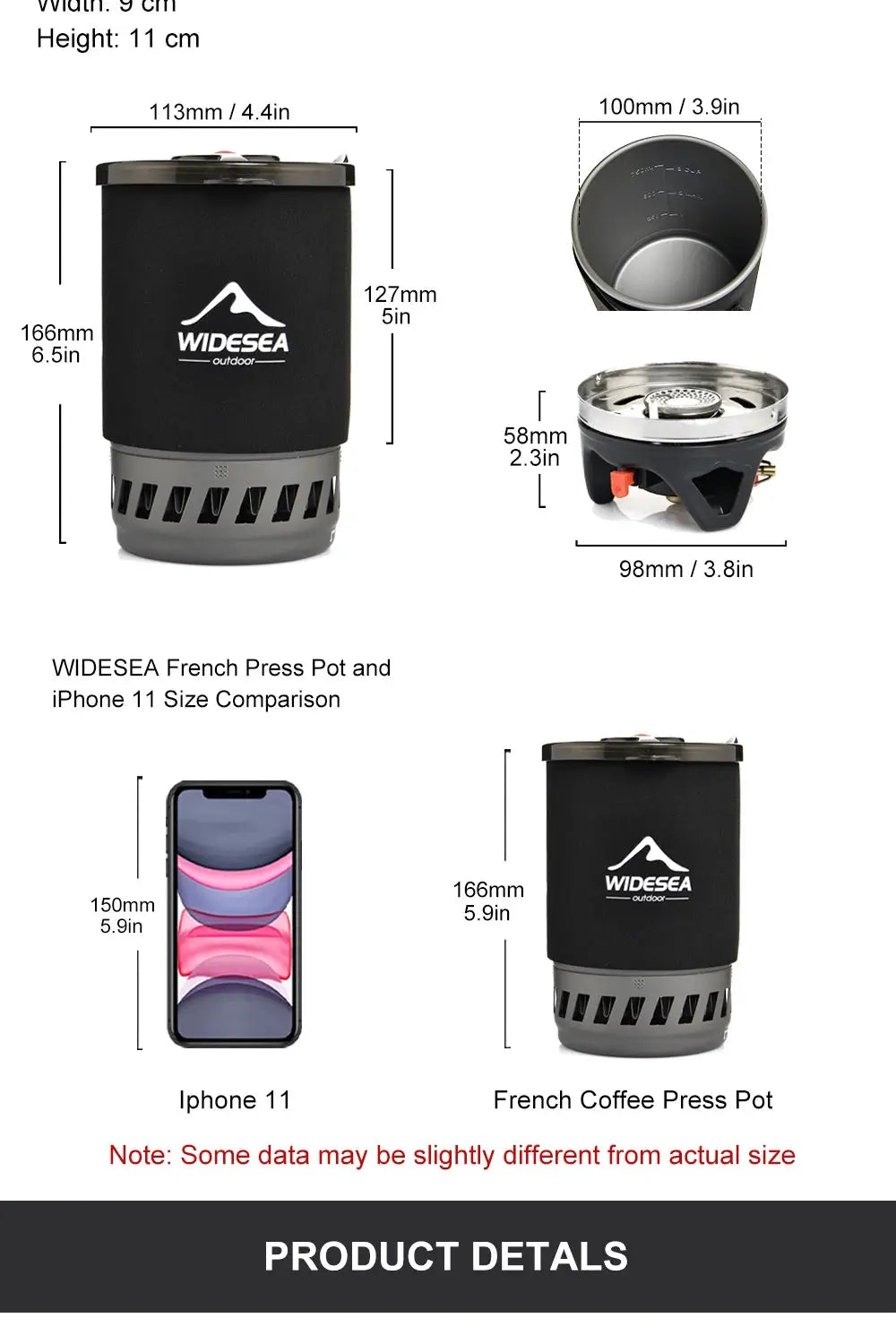 Widesea portable camping French press coffee maker set, 0.9L pot, 1100 BTU gas stove, anti-scald cover.