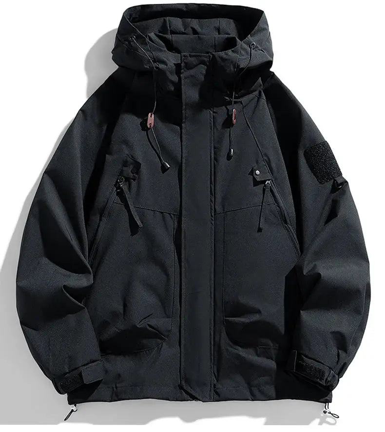 Men's windbreaker jacket in black waterproof hooded with cargo pockets and front zippers