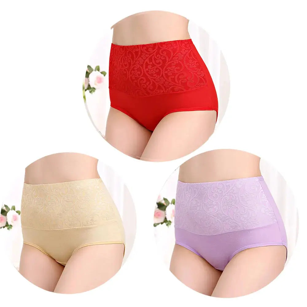 3-piece plus-size high-waist cotton panty set in red, beige and lavender