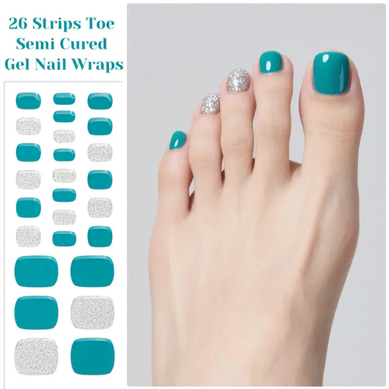 Gel nail strips for toes by Simples Market, Gradient Auroras teal with silver glitter, 26 semi-cured toe wraps