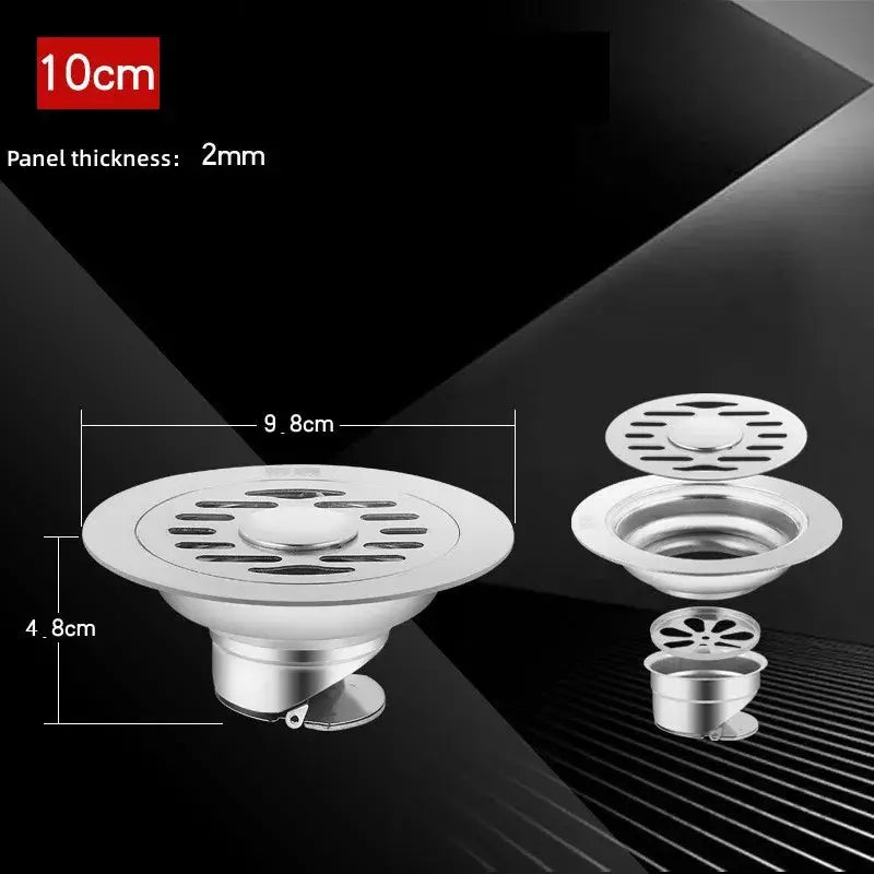 Simples Market stainless steel floor drain with anti-odor hair catcher; 9.8cm diameter, 2mm panel, 3-piece set