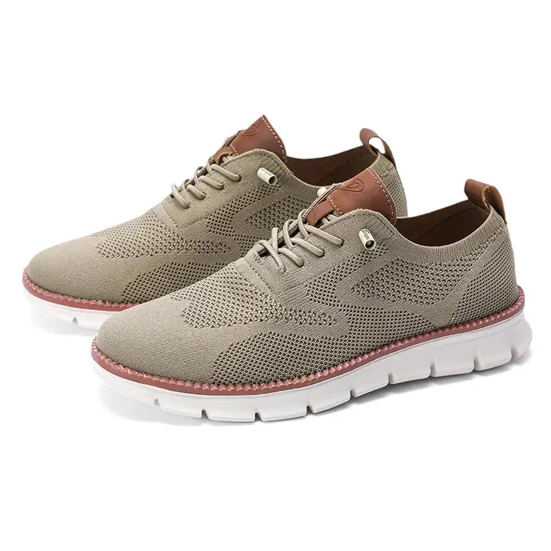 Simples Market mens beige mesh loafers, lightweight breathable non-leather casual shoes with pink trim and white sole
