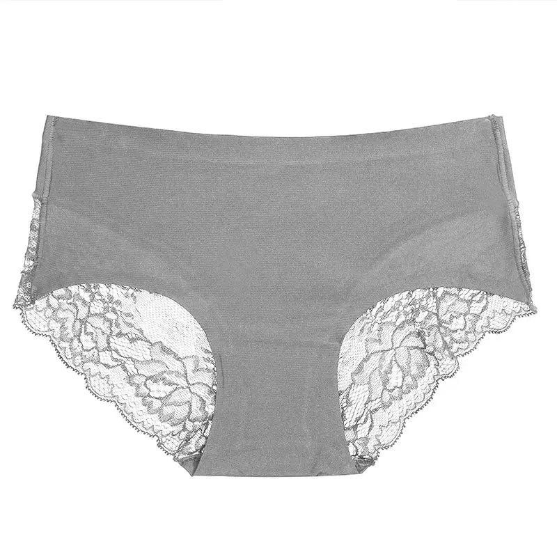 Women's lace-satin panties in gray with floral lace trim