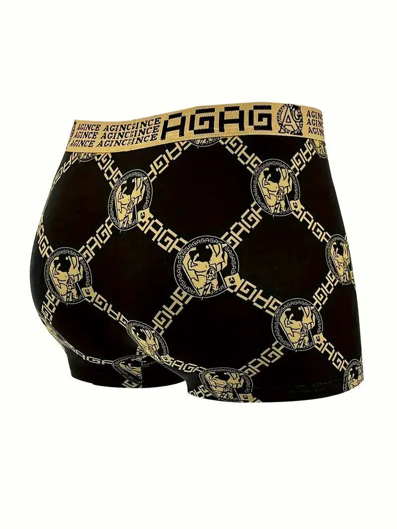 Simples Market 4pc men's boxer briefs set; black fabric with beige branded waistband and gold circular logo pattern.