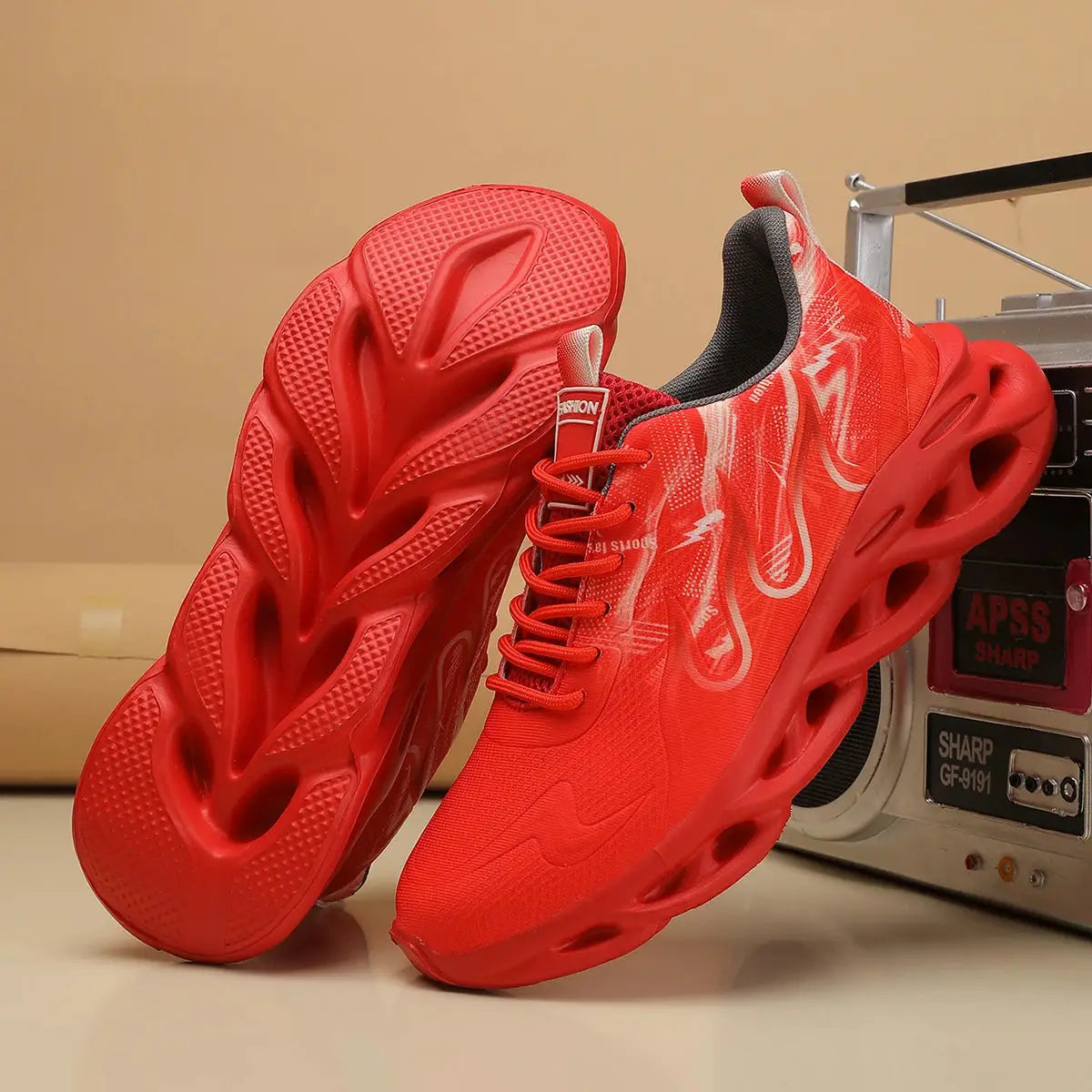 Red Simples Market unisex running shoes pair with lightweight mesh upper and breathable lace-up design