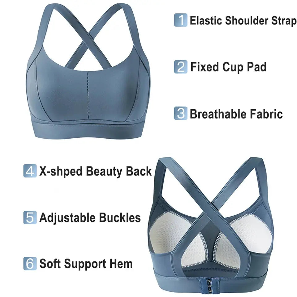 Simples Market blue high-impact sports bra with criss-cross back, padded cups and breathable fabric