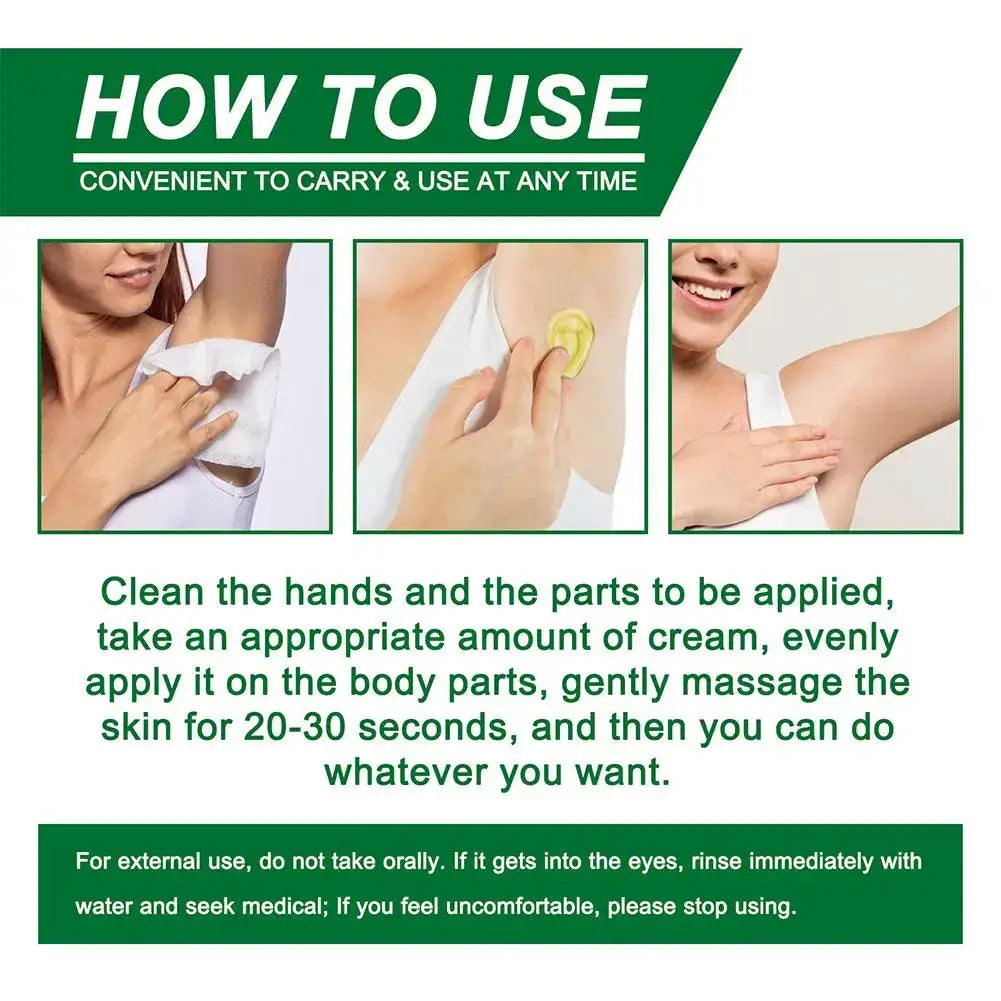 Simples Market natural plant extract underarm deodorant cream, 10g, with three-step how-to-use illustrations