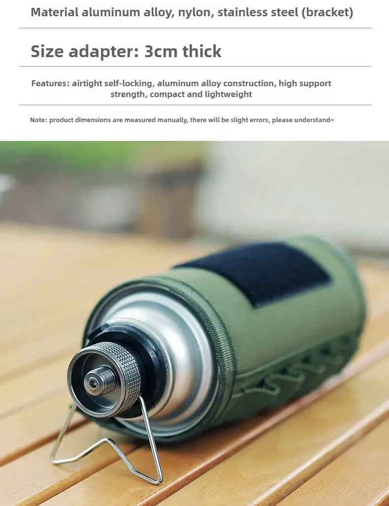 Green aluminum-alloy butane adapter with bracket and screw-valve nozzle for camping stoves