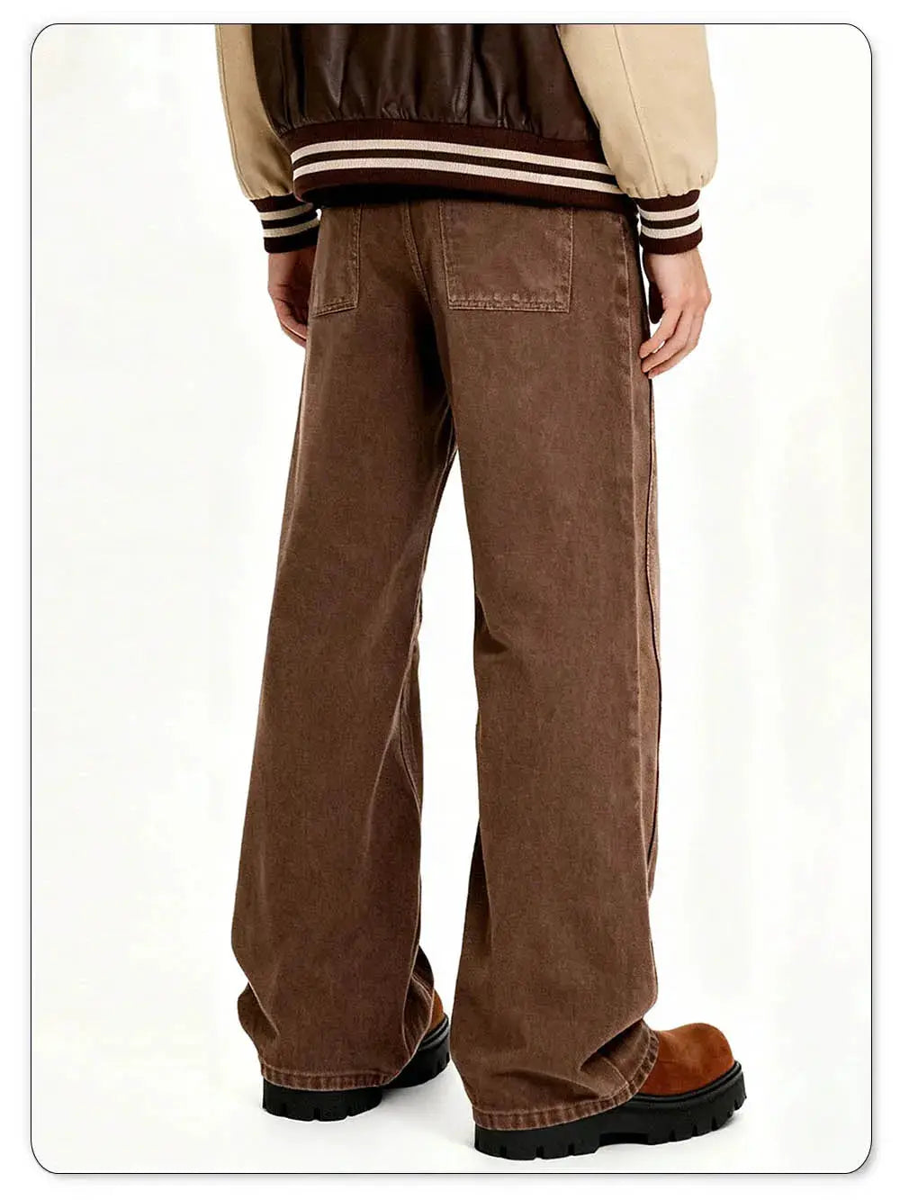 Men's brown baggy wide-leg denim jeans with back pockets, loose fit