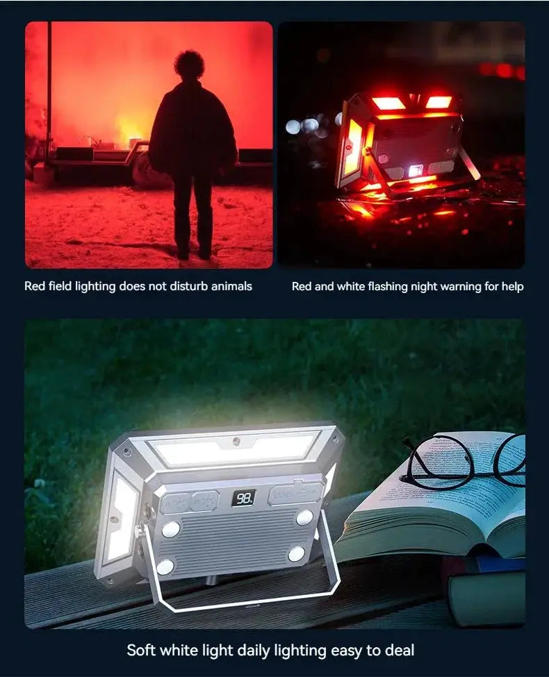Simples Market LED camping tent light, rechargeable, waterproof outdoor searchlight with hanging handle.