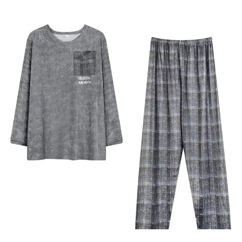 2PCS/Set Men Pajamas Long-Sleeved Korean Version of the Simple Button down Tops and Pants Nightwear Homewear Plaid Sleepwear