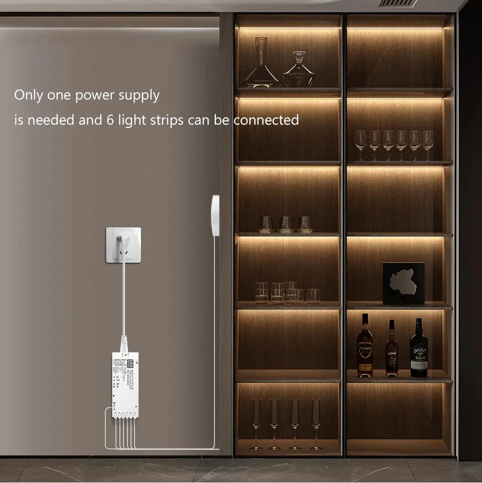 LED COB light strip system with wall adapter; six connected strips provide warm white shelf and cabinet lighting.