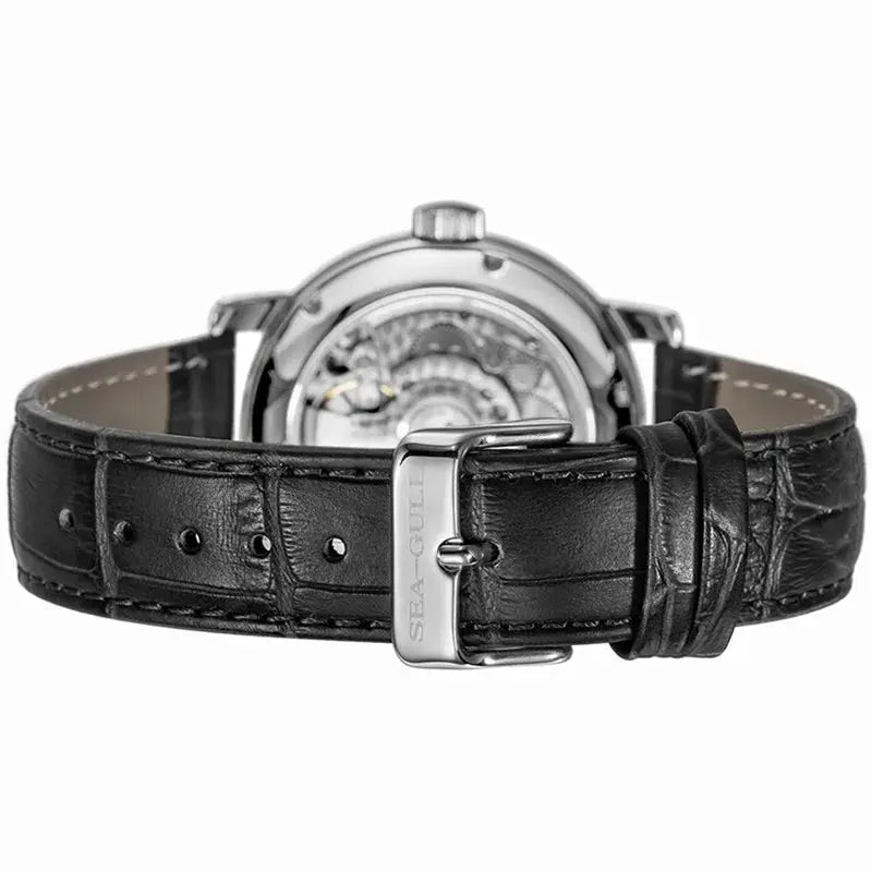 Men's automatic mechanical wristwatch with black leather strap and Seagull ST25 movement, skeleton back