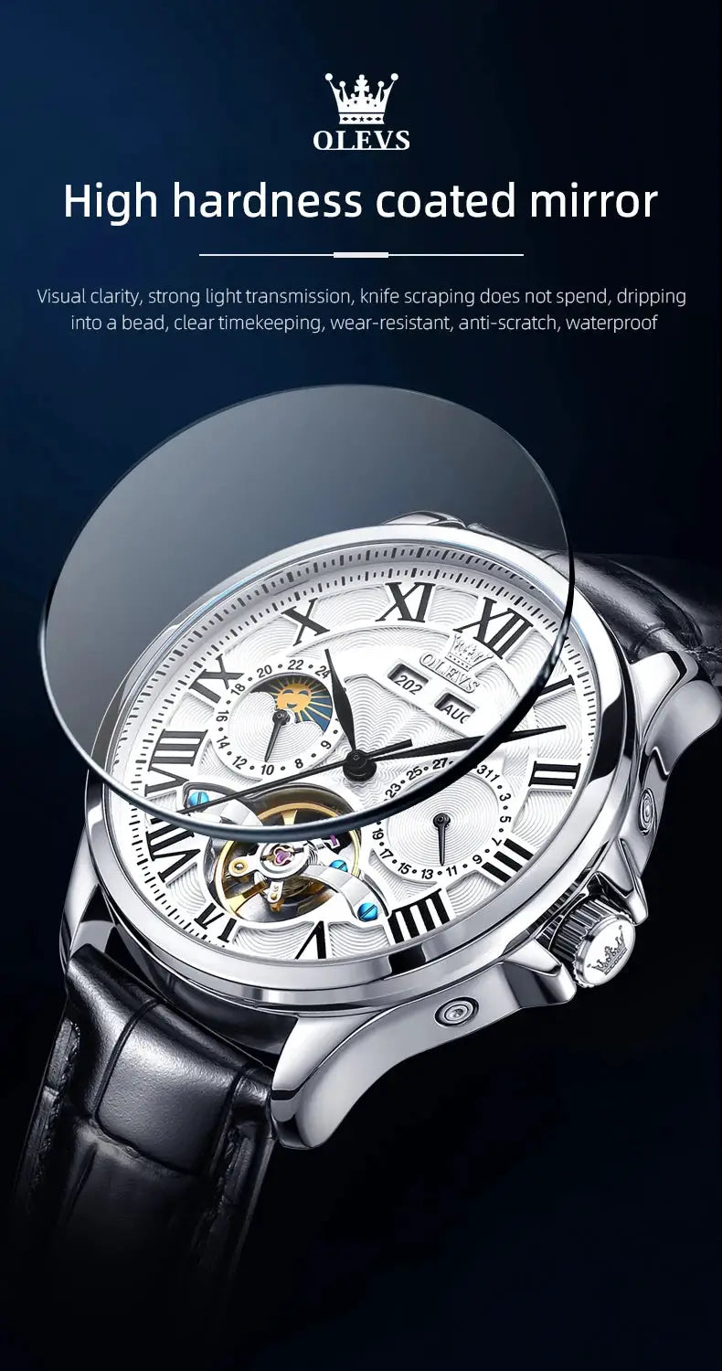 OLEVS 7013 men's watch with moon phase, skeleton dial and Roman numerals on a silver-tone case with black leather strap