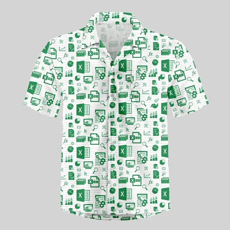 Hawaiian shirt with a green Excel spreadsheet icon pattern on white fabric