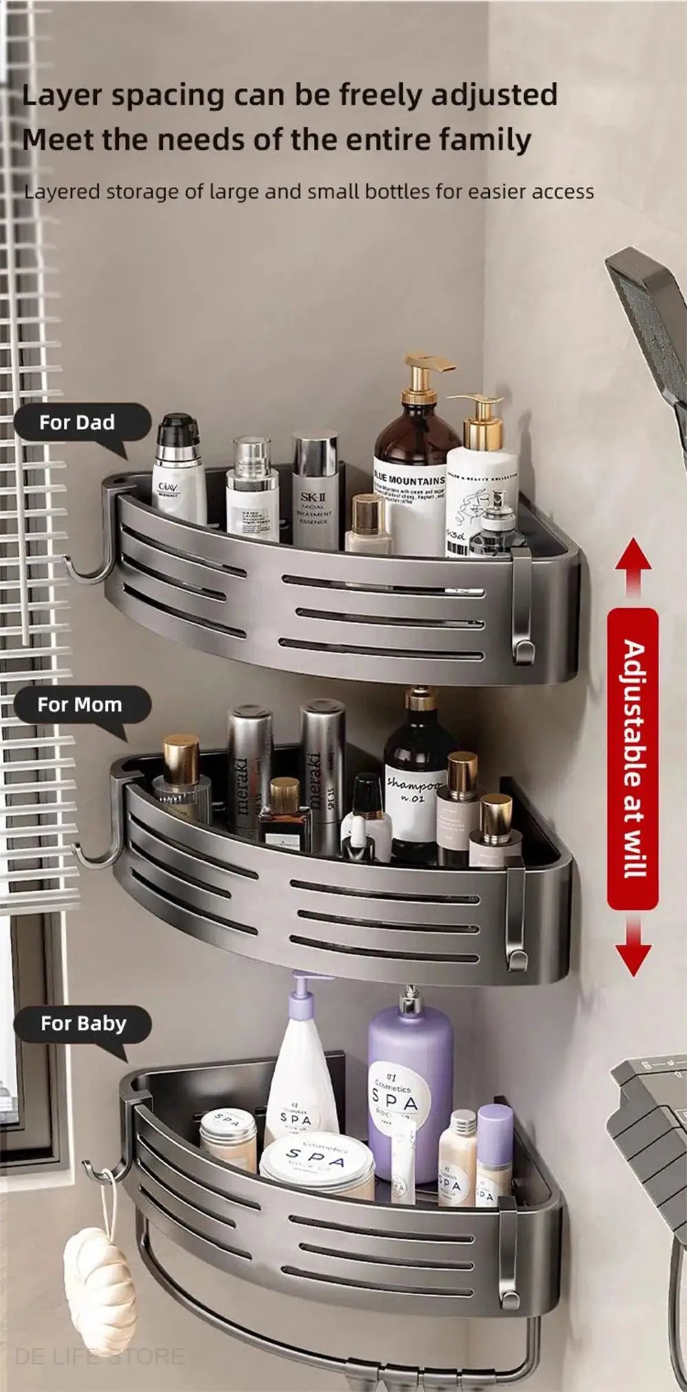 Simples Market 3-tier bathroom corner shelf in space aluminum with plastic hook towel bar, no-drill wall mount
