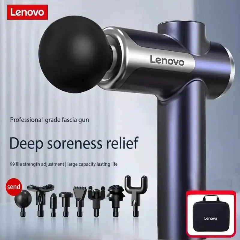 Lenovo professional fascia gun massager with LED touch screen, metallic blue body, 6–8 head attachments, carrying case.