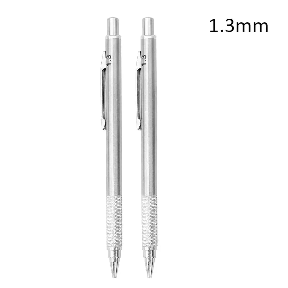 Two silver metal mechanical pencils with knurled grips and clips, 1.3mm lead size