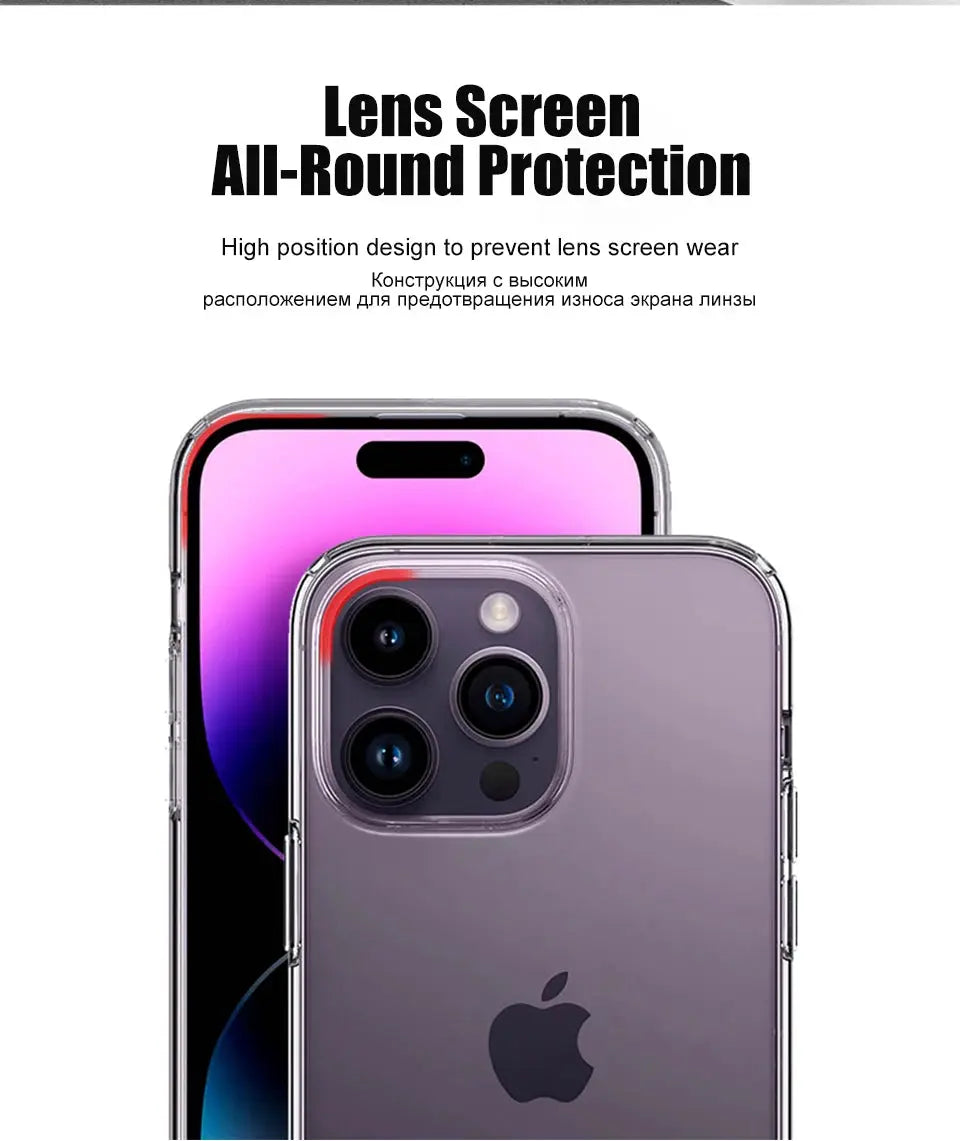 Luxury clear silicone phone case for iPhone, transparent bumper back cover, shockproof with two phones pictured