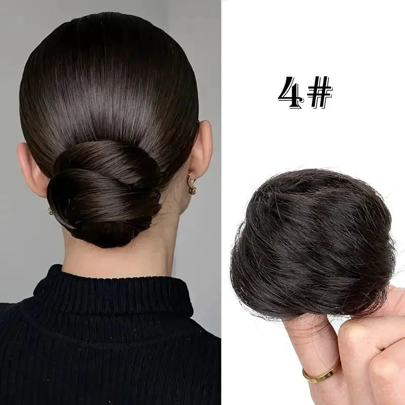 WIGSIN synthetic messy donut bun hair extension in dark brown; back view chignon with elastic band
