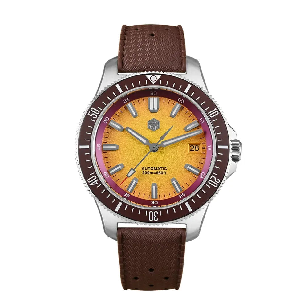 San Martin 40mm automatic dive watch for men with orange dial, burgundy bezel, and brown strap, 200m water resistant