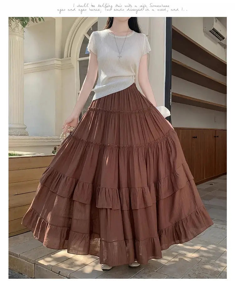 Simples Market brown tiered ruffle-hem maxi skirt with high-waist, flowing A-line silhouette