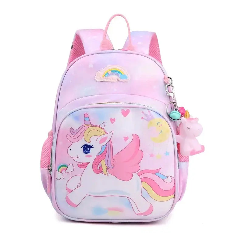 Pastel pink unicorn backpack for girls with rainbow mane artwork and pink side mesh pockets
