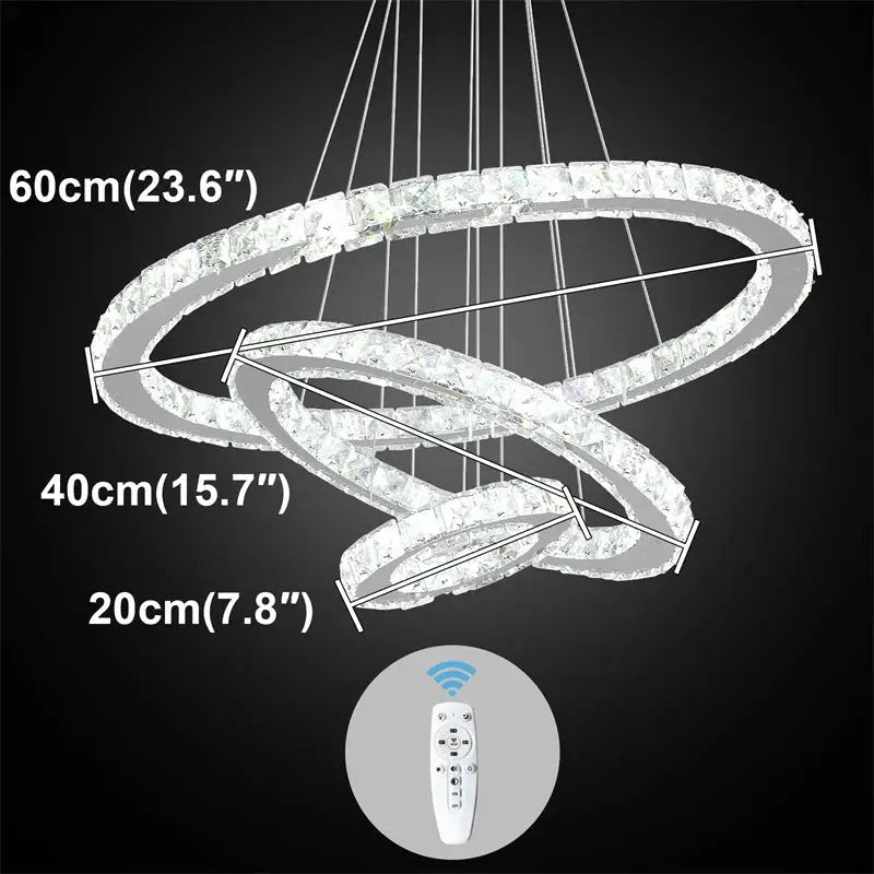 Simples Market modern crystal ring chandelier with 60cm outer and 40cm/20cm spiral rings, chrome finish, remote dimming