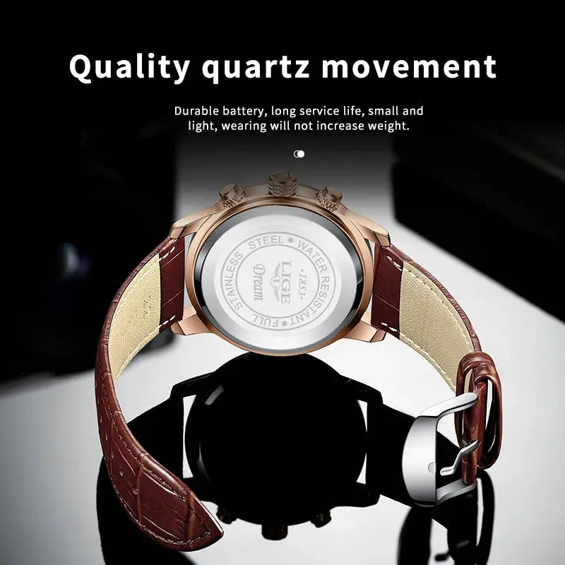 LIGE men's casual watch with brown leather strap, rose-gold case, water resistant, and stainless steel back