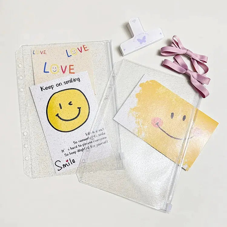 Simples Market 2-pack glitter binder pockets for 6-ring notebooks, clear PVC zip folders (A5/A6/A7/M5), waterproof