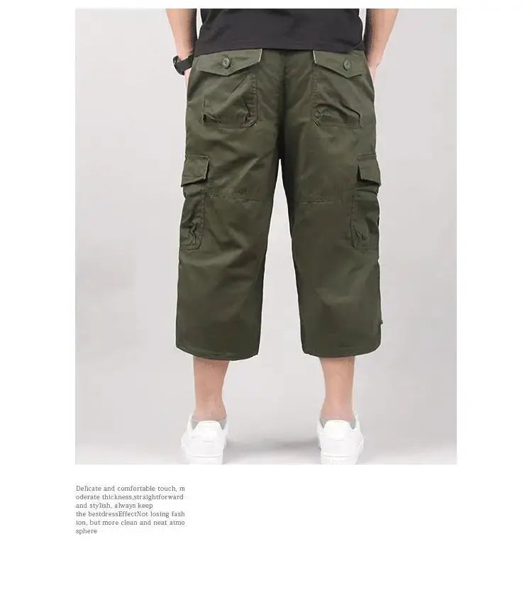 Men's cargo shorts by Simples Market in olive green, elastic waist, knee-length, multi-pocket outdoor jogger style