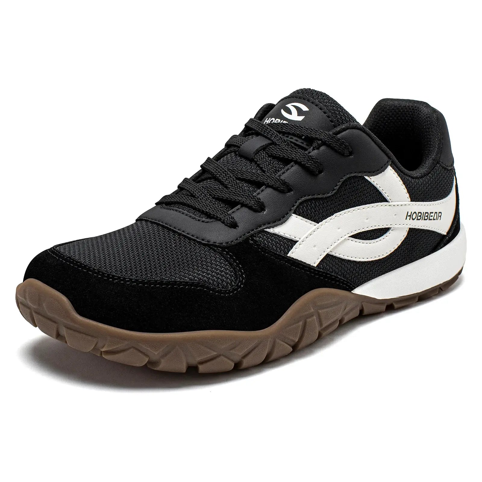 HOBIBEAR unisex wide-width sneakers; black mesh upper with white side stripe and brown gum sole.