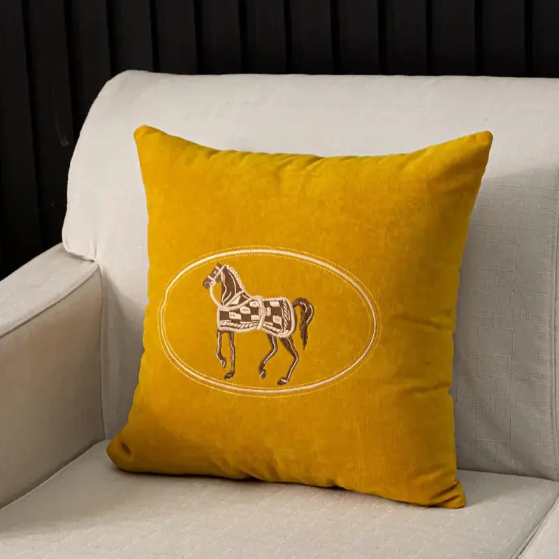 Elegant American hand-embroidered cushion cover with horse design, mustard yellow, 45x45 cm.
