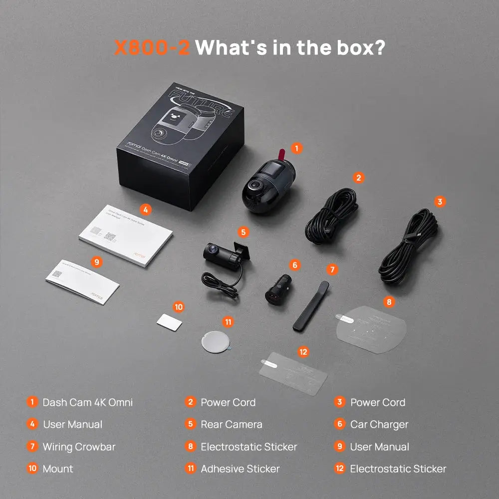 70mai X800 Omni dash cam kit with 12 accessories, including dash cam, rear camera, mounts, cords, charger, and stickers