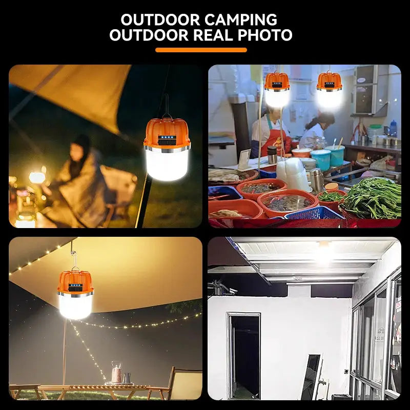 500W LED camping lanterns by Simples Market; orange USB rechargeable lights with power display for outdoors (4 shown)
