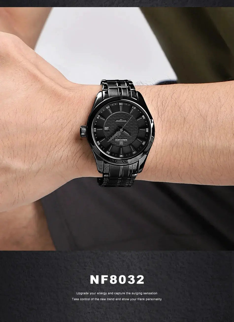 Naviforce men's watch with black stainless-steel strap and date display on the wrist
