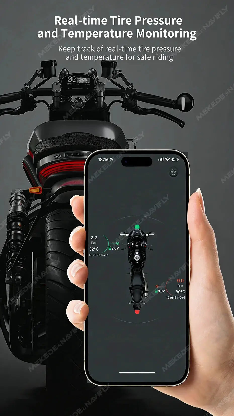Simples Market Navifly TPMS smartphone display for iOS/Android; motorcycle tire pressure monitoring on phone