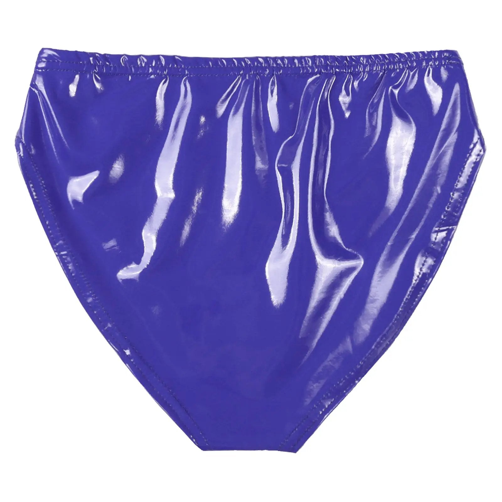 Womens purple wet-look patent leather briefs; low-rise hot pants underwear
