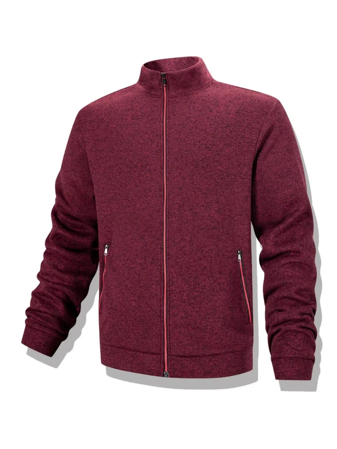 Men's full-zip fleece jacket with stand collar in burgundy; windproof, warm coat with zip pockets