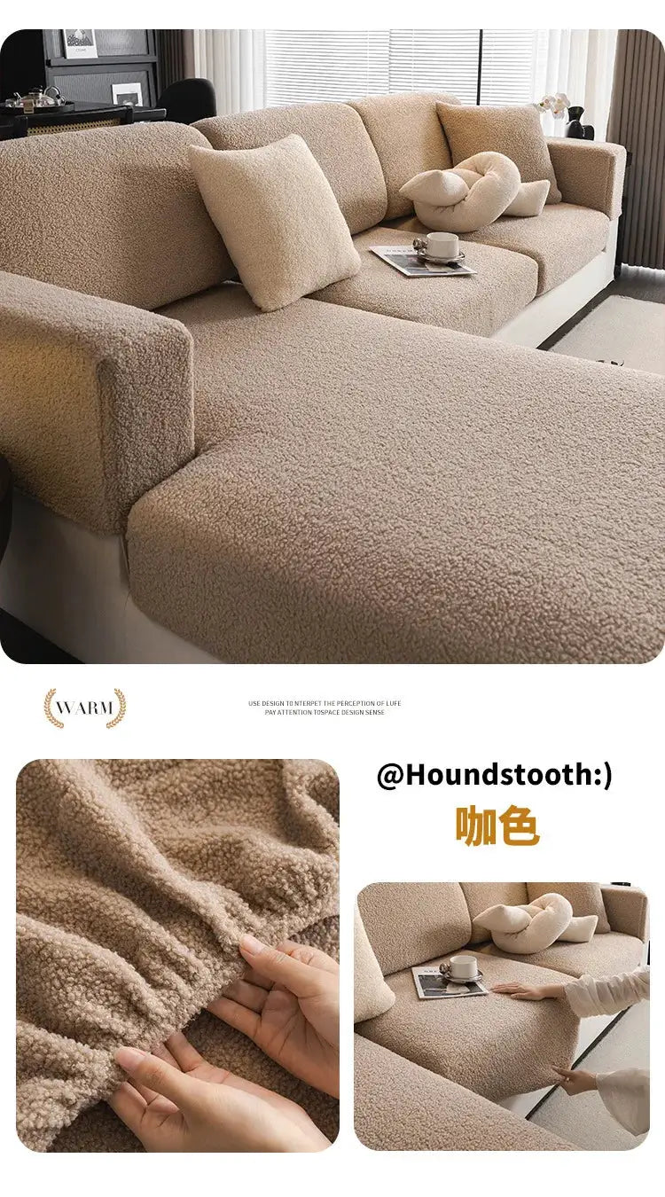 2026 Premium Winter Teddy Fleece Sofa Cover by Simples Market in warm beige with non-slip elastic.