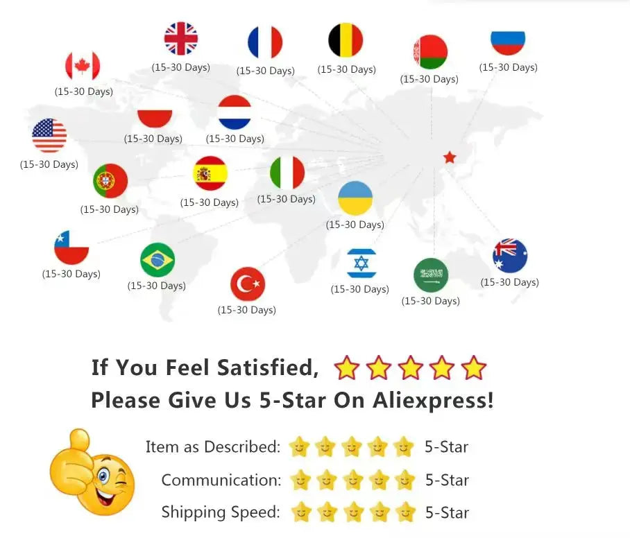 Shipping banner on a world map with country flags and 15–30 Days labels, plus a 5-star rating graphic.