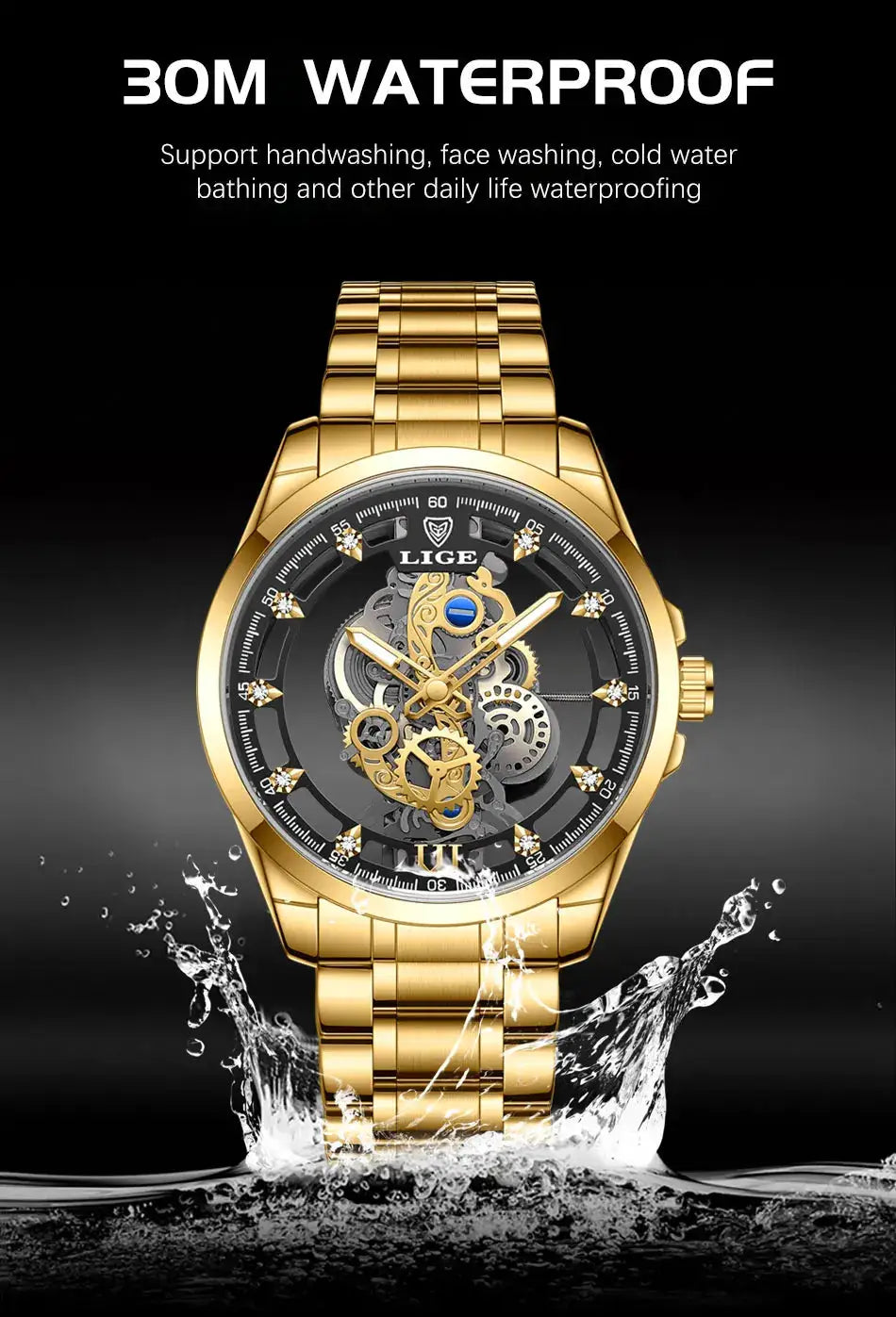 LIGE gold stainless steel skeleton men's wristwatch with visible gears, waterproof 30m