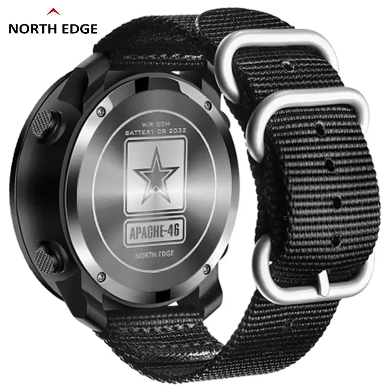 North Edge Apache-46 men's digital sport watch with black nylon strap, metal back, altimeter, barometer, compass, WR50M
