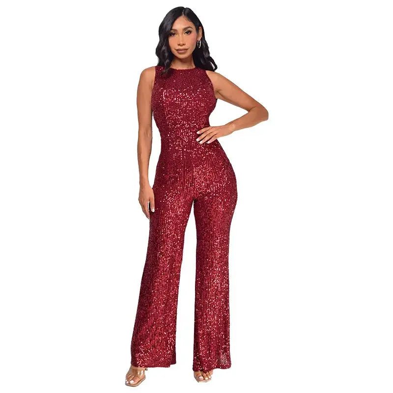 Women's red sequined jumpsuit, sleeveless high-waist with wide-leg fit, Simples Market glam party outfit