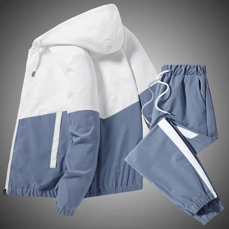 Simples Market men's two-piece tracksuit with hooded jacket and jogger pants in white and blue color-block.