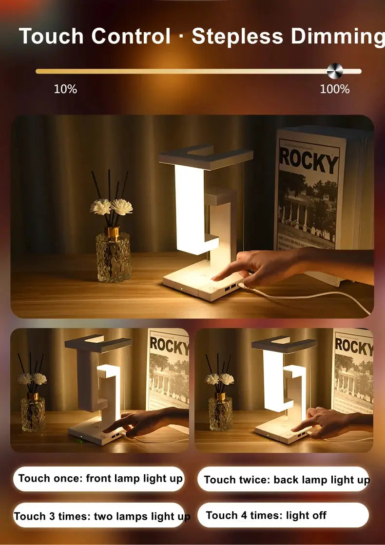 Novelty floating desk lamp by Simples Market with 10W detachable wireless charger, white, touch-controlled dimming.